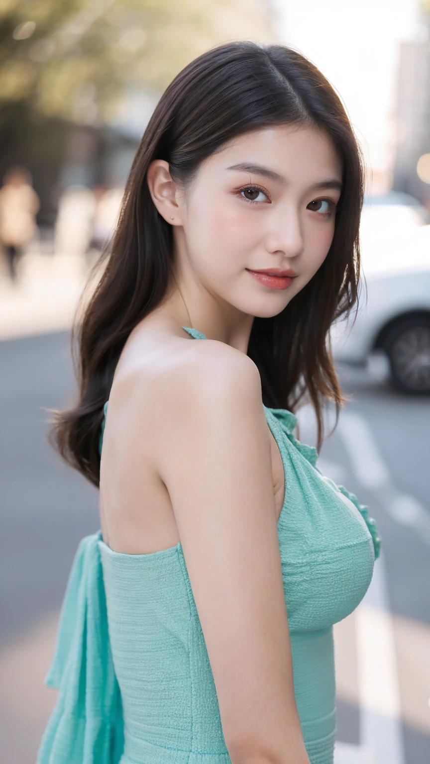 ((Best quality, 8k, masterpiece:1.3))，1girl，18 years old，Asian，Real texture:1.3，(Background blur:1.1)，Dress Up，Tall and slender figure:1.2，(Hot summer weather)，（street:1.3），Highly detailed face and skin textures，Exquisite eyes，Long eyelashes，Double eyelids，Skin Whitening，happy，Various postures，Breast