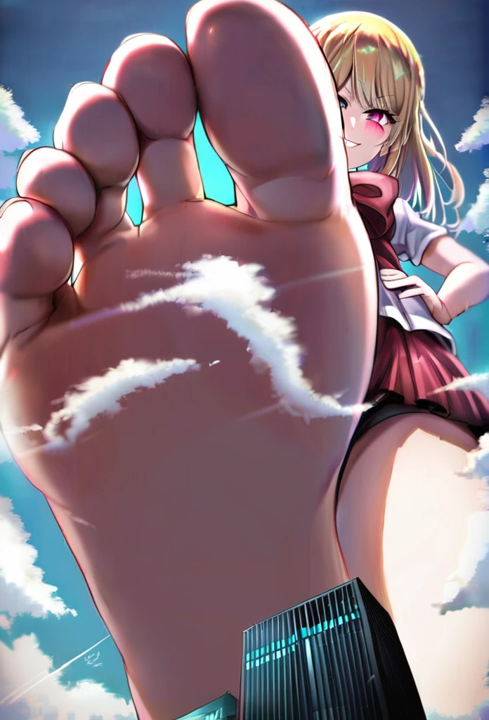 1 girl, oshi no ko, ruby hoshino, stepping,(pov from below:1.3), stepped on, pov, low angle, no shoes, feet, looking down, toes, one foot out of frame, leg lift, foot focus, barefoot, standing on one leg, depth of field, outdoors,( foreshortening:1.2), facial blur, blurry face, building, city, sky, cloud, giantess, mega size, masterpiece, best quality, absurdres, ultra detailed, smirking, glaring, blonde, 6 pointed star pupil on right eye, five toes only