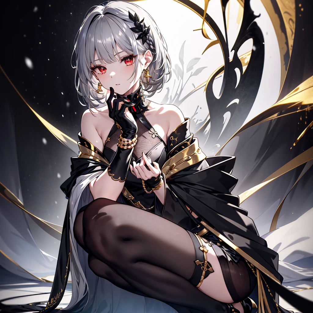 8k,High resolution RAW color art,Anime Art,Silver Marble Skin, (((Very detailed and cute))), Detailed skin, Bokeh、texture,(Exquisitely crafted, The finer details, Ultra-detailed art), (((1 girl))), Depth of written boundary, Silky Touch, Hyper Detail, (((Cool face))), eye shadow、Armed women, Beautiful detailed red eyes, Beautiful lip detail, Highly detailed face, Delicate depiction of hair and eyes, Detailed Fashion, Golden Earrings,Full body depiction, Black half top、(((Shoulder Bare)))、Black shorts、Waist Cloak、black tights、Golden decoration, Grey Hair, Golden bracelet, Straight Hair、Short Hair、(((Hair)))、Simple Background、(((Black theme)))、snow、Side view、squat、look down、cloth、Clear face