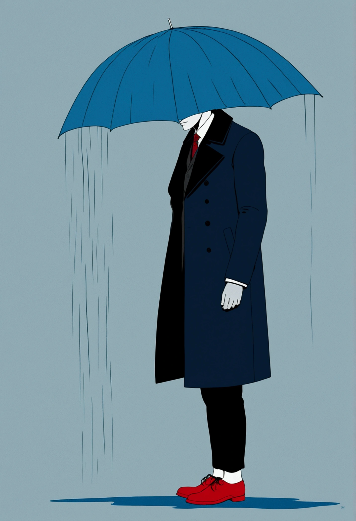 This illustration, designed in a 19th-century style, is a digital art piece featuring a single person centrally placed against a blue background. The background is uniform blue, providing a consistent tone. The central figure wears a black coat and red shoes, looking downward with a slumped posture. Above his head is a small gray cloud, giving the impression of rain. In the background, four vague blue silhouettes suggest movement around him. The overall texture is flat, with minimal three-dimensionality, presenting a simple style. The illustration depicts an abstract environment, emphasizing perception and sensation, with blue tones highlighting coldness and isolation.