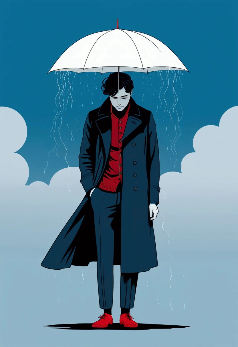 This illustration, designed in a 19th-century style, is a digital art piece featuring a single person centrally placed against a blue background. The background is uniform blue, providing a consistent tone. The central figure wears a black coat and red shoes, looking downward with a slumped posture. Above his head is a small gray cloud, giving the impression of rain. In the background, four vague blue silhouettes suggest movement around him. The overall texture is flat, with minimal three-dimensionality, presenting a simple style. The illustration depicts an abstract environment, emphasizing perception and sensation, with blue tones highlighting coldness and isolation.