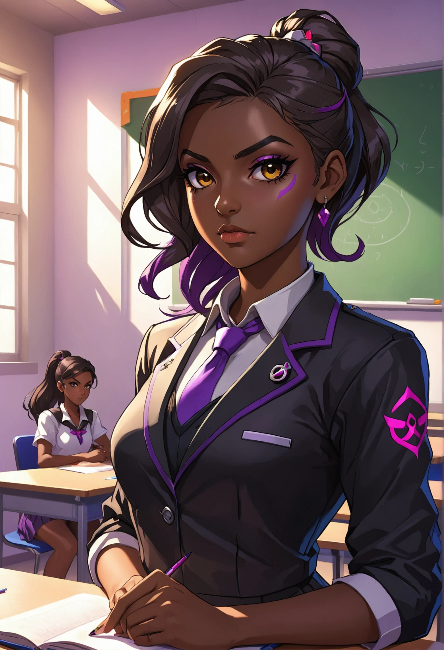 1 girl, Sombra from overwatch, (dark skinned:1.2), school girl, school class background, modern anime style, facing the viewer, upper body 