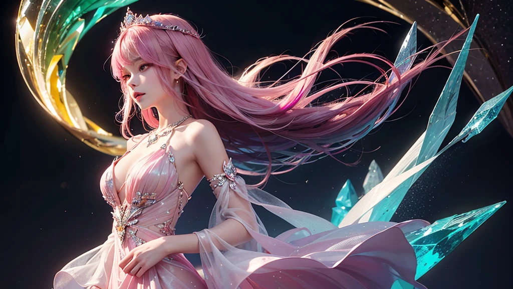 Highest quality,masterpiece,16K,One girl, bangs, Exposing shoulders, chest, Crown, crystallization, dress, From the side, gem,Colorful crystallizations,Crystal Headwear,There are many crystallizations on the clothes,Colorful Gradient Hair,カラフルなdress,Colorful crystals floating,Body crystals,Crystal Necklace,Colorful crystallization decoration,crystalline girl, Gradient Hair, jewelry, Long Hair, compensate, medium chest, Multicolored Hair, Pink Hair, alone, tiara