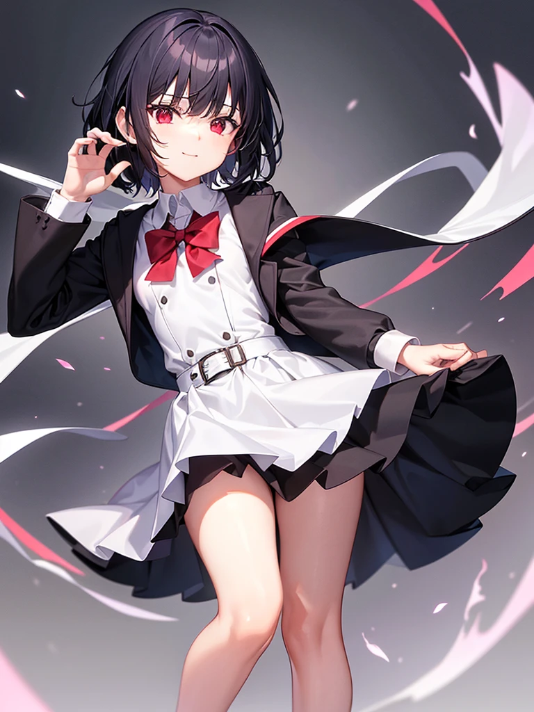 ( Absurd , high quality , Super detailed, Watch your hands,Pay attention to the shape of your hands,Pay attention to your legs,Pay attention to the shape of your legs,The number of fingers on the hand is 5 )Short black hair,One ,Red eyes,Dress code: uniform,Primary school students,In a school classroom,The expression is a smile,Small breasts,he is short,Flat chest