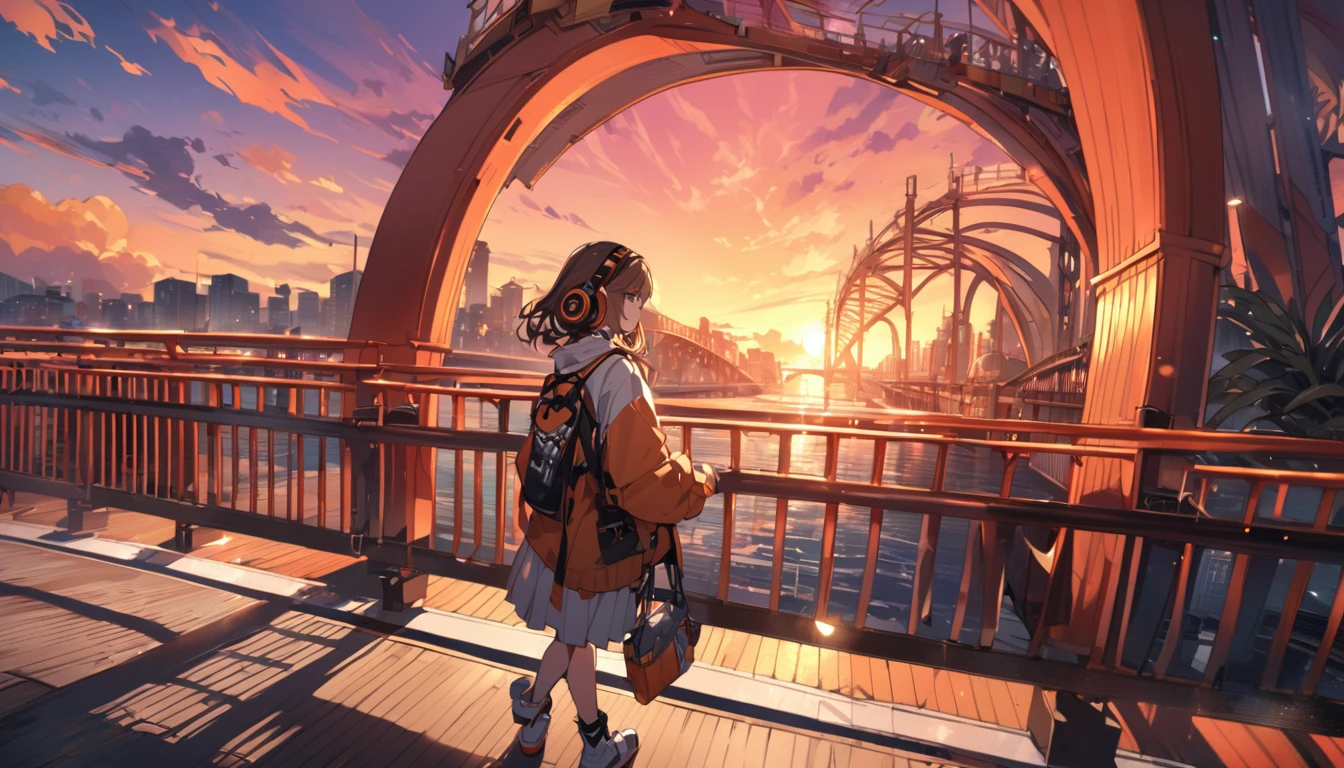 Girl wearing headphones,Brown Hair,1 person,bright,Detailed Background,Sunset Bridge - Crossing a bridge dyed in the sunset