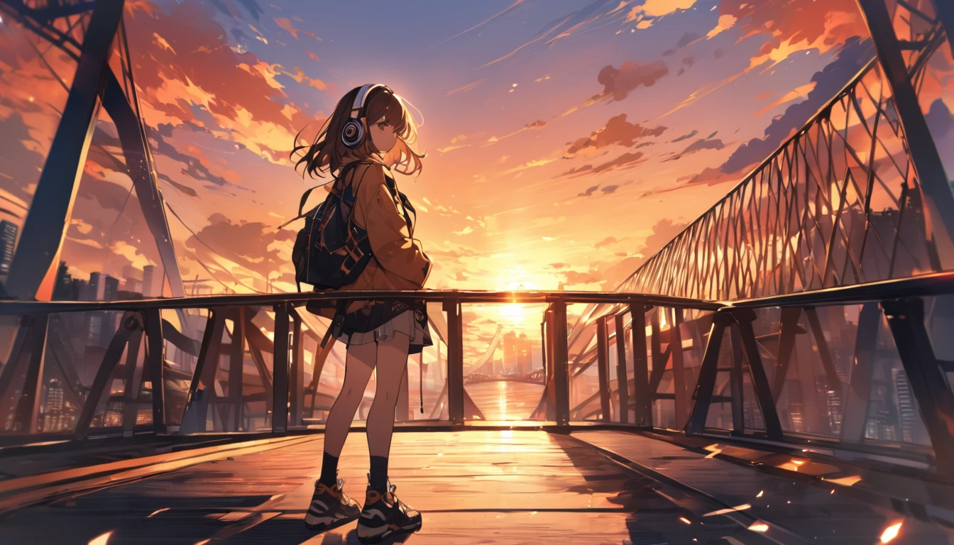 Girl wearing headphones,Brown Hair,1 person,bright,Detailed Background,Sunset Bridge - Crossing a bridge dyed in the sunset