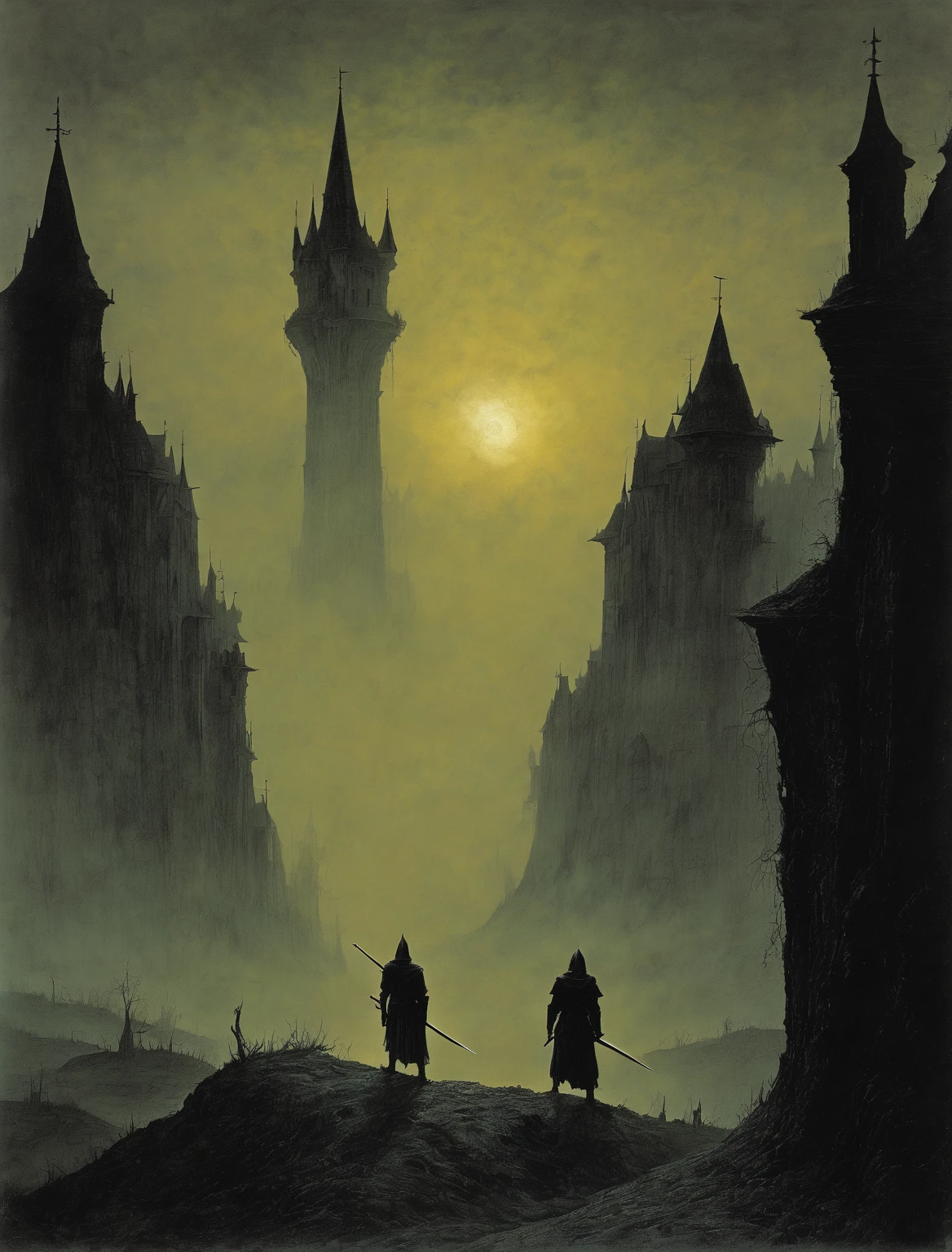 Assassin Knight, sword pointing to the sky, gothic, renaissance, dark night, cinematic, elden ring, Zdzisław Beksiński
