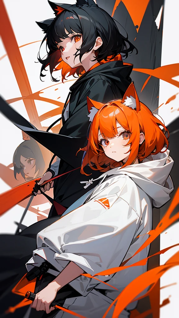 Anime illustration、Two Girls、Black Hair、Orange Hair、white and black hoodie、Wearing a hood、Hood with cat ears、White background、Bright expression、Grey Eyes、Red eyes、Transparent eyes、Ink drawing