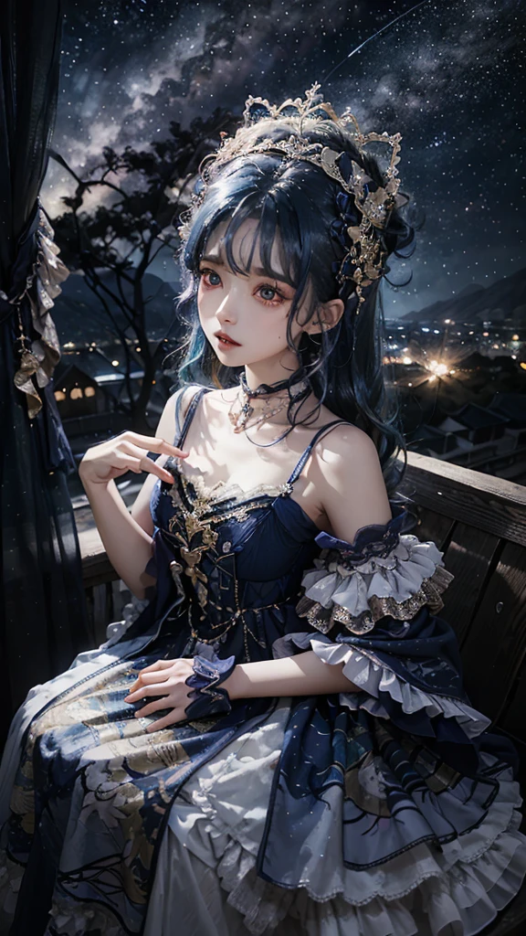 Ultra HD、A beautiful blue-haired character、Big eyes like a 、Red burning cheeks、Night scene with starry sky background、Wearing a gorgeous dress、Subtle details、A fantastic atmosphere、Anime style
