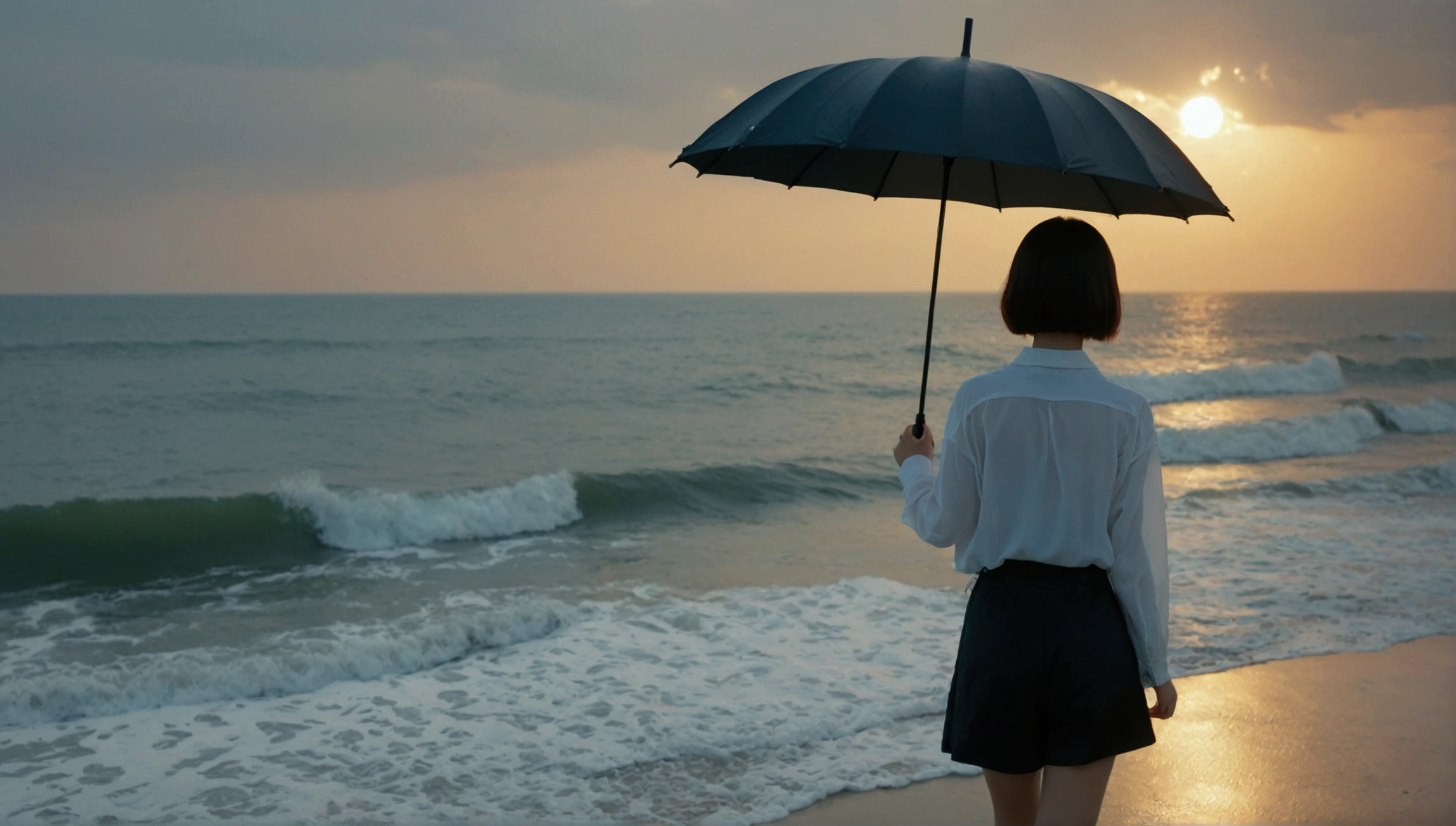 8k, Vivid picture quality, Vivid picture quality, long deserted beach, walking slowly from afar, Short hair, beautiful appearance, Model-like body, sunset의 붉은 빛, sunset, alone, afternoon, depressed, tide가 밀려온다, rain, medium size black umbrella, ocean, tide, wind, rain가 내리는, Short and slim Korean woman, Clear picture quality, tower, White shorts, rain가 내리는, Looking to the side with a black umbrella, The red sun goes into the sea, Short hair