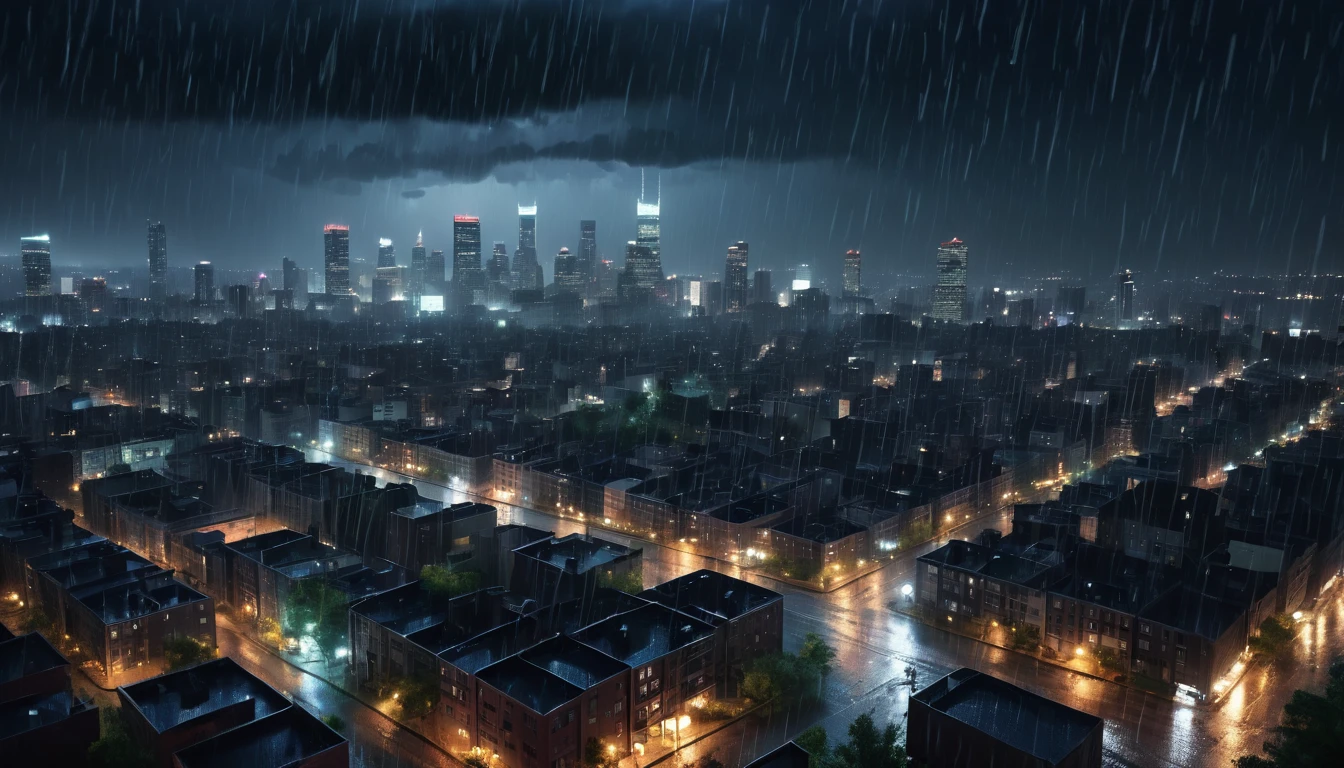 A scary horror image of a northeastern city with an image of rain at night,  PICTURE REALISTIC, high resolution, 8k 