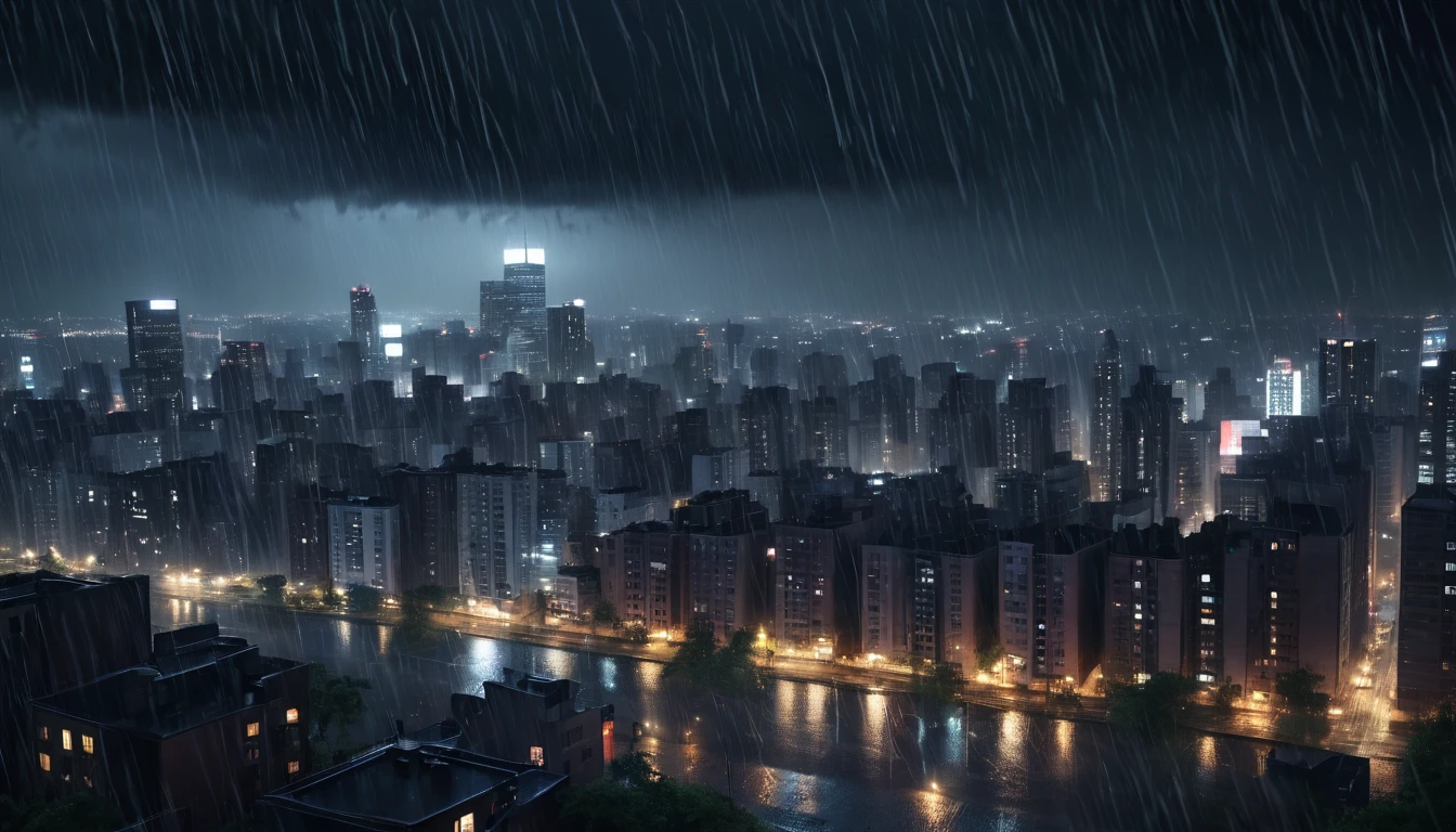 A scary horror image of a northeastern city with an image of rain at night, PICTURE REALISTIC, high resolution, 8k