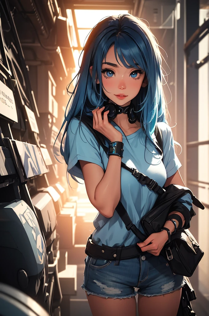 blue hair, facial shot, concealed hands, close-up, portrait, futuristic girl in a mechapunk hangar, (work of art, best qualityer, ultra detali, high resolution, 4K),(beautiful detailed eyes),(very highly detailed face),(1 girl),HDR,long hair, Shorts, phone, eyes browns, chestnut hair, bracelet, regatta, to attend, lips, focus only, glaze, Blurry background, ssmile, wristto attend, realisitic, Blurry, looking ahead at viewer