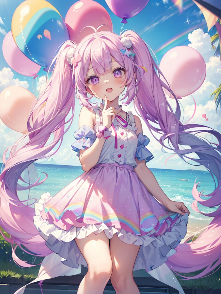 (whole body, legs and shoes visible: 1.2)) Expressive eyes, One girl, Pale skin, Long Hair, Windblown Hair, ((absurdly Long Hair)), Long Side Lock, Princess bangs, Hair bangs, Hair Bun, ((Very long twin tails)), Rainbow Hair, Light pink hair, blush, full face blush, big sparkling Pastel Purple eyes, (Gradient Eye), Laughing with your mouth open, cute pose, ((Holding a balloon : 1.3)) ((cute and pastel fashion)) ((🦄🎠🎈🎉 theme : 1.4)) A loose pastel dress, ((Dreamy multi-colored open dress)), (Floating ribbon), Lavender Frill, Pink frills, (Light blue lace), Removable short sleeves, Fluffy skirt, ((Rainbow and star printed skirt : 1.3)), Lolita Skirt, Purple ribbon, ((pom pom ribbon hair ornament : 1.4)), Multiple Bows, Striped lace stockings, (heart型のレッグガーター), cute (Pastel Purple) shoes ((Ultra-detailed clothing and fashion)) I&#39;m watching you, Vintage Girl, blush, (Beautiful attention to detail), (Highly detailed CG Unity 8k wallpaper) (Best Shadow), ((Very delicate and beautiful)), (Detailed light), ((Depth of written boundary)) Big Head, Big, bright eyes, Moe, Splash Art, Cinema Lighting, Front view, volumetric lighting maximalist photo illustration k resolution high resolution intricate detailed complex key visuals precise linear ((Dreamy pastel sky background, Surrounded by sunset clouds, shooting star, Castle above the clouds)) ((Ultra-detailed landscapes, Foggy clouds, Hung by balloons, heart : 1.3))
