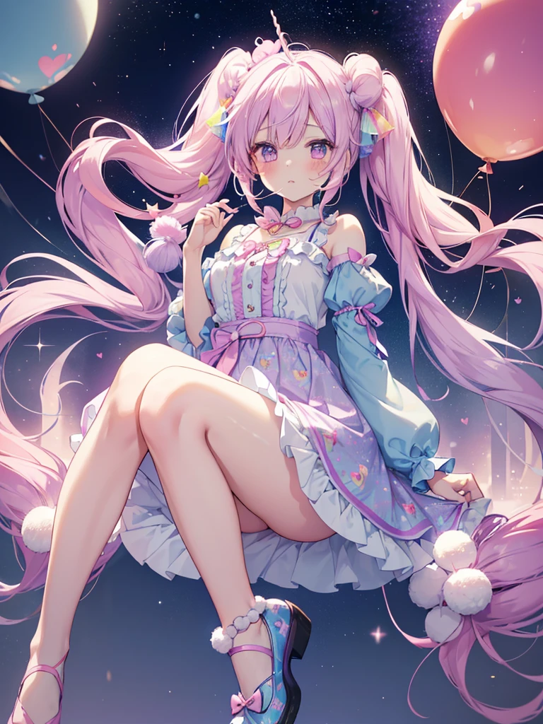 (whole body, legs and shoes visible: 1.2)) Expressive eyes, One girl, Pale skin, Long Hair, Windblown Hair, ((absurdly Long Hair)), Long Side Lock, Princess bangs, Hair bangs, Hair Bun, ((Very long twin tails)), Rainbow Hair, Light pink hair, blush, full face blush, big sparkling Pastel Purple eyes, (Gradient Eye), Laughing with your mouth open, cute pose, ((Holding a balloon : 1.3)) ((cute and pastel fashion)) ((🦄🎠🎈🎉 theme : 1.4)) A loose pastel dress, ((Dreamy multi-colored open dress)), (Floating ribbon), Lavender Frill, Pink frills, (Light blue lace), Removable short sleeves, Fluffy skirt, ((Rainbow and star printed skirt : 1.3)), ta Skirt, Purple ribbon, ((pom pom ribbon hair ornament : 1.4)), Multiple Bows, Striped lace stockings, (heart型のレッグガーター), cute (Pastel Purple) shoes ((Ultra-detailed clothing and fashion)) I&#39;m watching you, Vintage Girl, blush, (Beautiful attention to detail), (Highly detailed CG Unity 8k wallpaper) (Best Shadow), ((Very delicate and beautiful)), (Detailed light), ((Depth of written boundary)) Big Head, Big, bright eyes, Moe, Splash Art, Cinema Lighting, Front view, volumetric lighting maximalist photo illustration k resolution high resolution intricate detailed complex key visuals precise linear ((Dreamy pastel sky background, Surrounded by sunset clouds, shooting star, Castle above the clouds)) ((Ultra-detailed landscapes, Foggy clouds, Hung by balloons, heart : 1.3))
