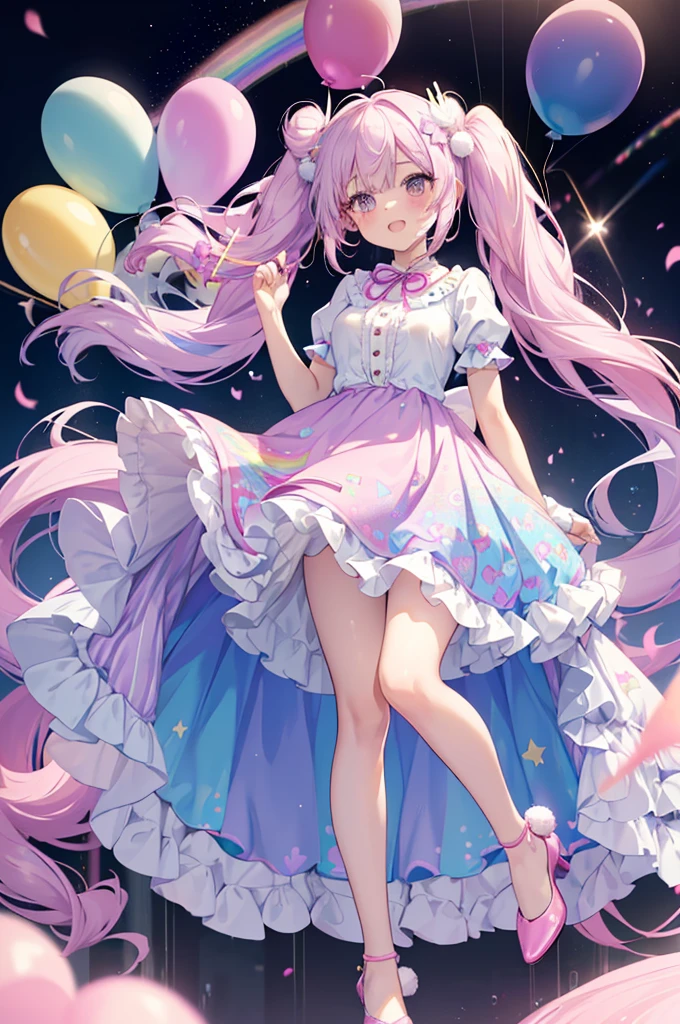 (whole body, legs and shoes visible: 1.2)) Expressive eyes, One girl, Pale skin, Long Hair, Windblown Hair, ((absurdly Long Hair)), Long Side Lock, Princess bangs, Hair bangs, Hair Bun, ((Very long twin tails)), Rainbow Hair, Light pink hair, blush, full face blush, big sparkling Pastel Purple eyes, (Gradient Eye), Laughing with your mouth open, cute pose, ((Holding a balloon : 1.3)) ((cute and pastel fashion)) ((🦄🎠🎈🎉 theme : 1.4)) A loose pastel dress, ((Dreamy multi-colored open dress)), (Floating ribbon), Lavender Frill, Pink frills, (Light blue lace), Removable short sleeves, Fluffy skirt, ((Rainbow and star printed skirt : 1.3)), Lolita Skirt, Purple ribbon, ((pom pom ribbon hair ornament : 1.4)), Multiple Bows, Striped lace stockings, (heart型のレッグガーター), cute (Pastel Purple) shoes ((Ultra-detailed clothing and fashion)) I'm watching you, Vintage Girl, blush, (Beautiful attention to detail), (Highly detailed CG Unity 8k wallpaper) (Best Shadow), ((Very delicate and beautiful)), (Detailed light), ((Depth of written boundary)) Big Head, Big, bright eyes, Moe, Splash Art, Cinema Lighting, Front view, volumetric lighting maximalist photo illustration k resolution high resolution intricate detailed complex key visuals precise linear ((Dreamy pastel sky background, Surrounded by sunset clouds, shooting star, Castle above the clouds)) ((Ultra-detailed landscapes, Foggy clouds, Hung by balloons, heart : 1.3))