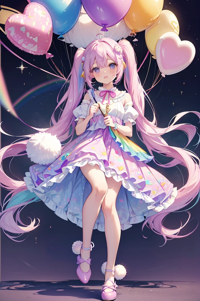 (whole body, legs and shoes visible: 1.2)) Expressive eyes, One girl, Pale skin, Long Hair, Windblown Hair, ((absurdly Long Hair)), Long Side Lock, Princess bangs, Hair bangs, Hair Bun, ((Very long twin tails)), Rainbow Hair, Light pink hair, blush, full face blush, big sparkling Pastel Purple eyes, (Gradient Eye), Laughing with your mouth open, cute pose, ((Holding a balloon : 1.3)) ((cute and pastel fashion)) ((🦄🎠🎈🎉 theme : 1.4)) A loose pastel dress, ((Dreamy multi-colored open dress)), (Floating ribbon), Lavender Frill, Pink frills, (Light blue lace), Removable short sleeves, Fluffy skirt, ((Rainbow and star printed skirt : 1.3)), ta Skirt, Purple ribbon, ((pom pom ribbon hair ornament : 1.4)), Multiple Bows, Striped lace stockings, (heart型のレッグガーター), cute (Pastel Purple) shoes ((Ultra-detailed clothing and fashion)) I'm watching you, Vintage Girl, blush, (Beautiful attention to detail), (Highly detailed CG Unity 8k wallpaper) (Best Shadow), ((Very delicate and beautiful)), (Detailed light), ((Depth of written boundary)) Big Head, Big, bright eyes, Moe, Splash Art, Cinema Lighting, Front view, volumetric lighting maximalist photo illustration k resolution high resolution intricate detailed complex key visuals precise linear ((Dreamy pastel sky background, Surrounded by sunset clouds, shooting star, Castle above the clouds)) ((Ultra-detailed landscapes, Foggy clouds, Hung by balloons, heart : 1.3))