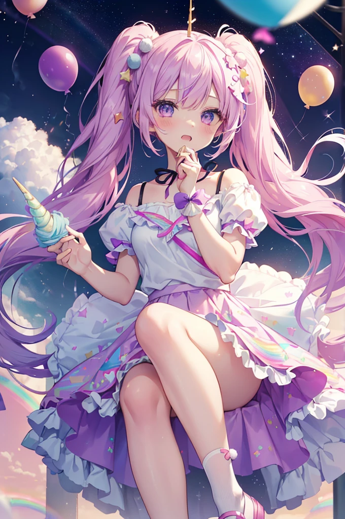 (whole body, legs and shoes visible: 1.2)) Expressive eyes, One girl, Pale skin, Long Hair, Windblown Hair, ((absurdly Long Hair)), Long Side Lock, Princess bangs, Hair bangs, Hair Bun, ((Very long twin tails)), Rainbow Hair, Light pink hair, blush, full face blush, big sparkling Pastel Purple eyes, (Gradient Eye), Laughing with your mouth open, cute pose, ((Holding a balloon : 1.3)) ((cute and pastel fashion)) ((🦄🎠🎈🎉 theme : 1.4)) A loose pastel dress, ((Dreamy multi-colored open dress)), (Floating ribbon), Lavender Frill, Pink frills, (Light blue lace), Removable short sleeves, Fluffy skirt, ((Rainbow and star printed skirt : 1.3)), Lolita Skirt, Purple ribbon, ((pom pom ribbon hair ornament : 1.4)), Multiple Bows, Striped lace stockings, (heart型のレッグガーター), cute (Pastel Purple) shoes ((Ultra-detailed clothing and fashion)) I&#39;m watching you, Vintage Girl, blush, (Beautiful attention to detail), (Highly detailed CG Unity 8k wallpaper) (Best Shadow), ((Very delicate and beautiful)), (Detailed light), ((Depth of written boundary)) Big Head, Big, bright eyes, Moe, Splash Art, Cinema Lighting, Front view, volumetric lighting maximalist photo illustration k resolution high resolution intricate detailed complex key visuals precise linear ((Dreamy pastel sky background, Surrounded by sunset clouds, shooting star, Castle above the clouds)) ((Ultra-detailed landscapes, Foggy clouds, Hung by balloons, heart : 1.3))