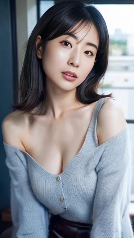 Beautiful Japanese actresses,1 girl,flying debris, Very detailed, Focus your eyes, 44 years old,Black Hair、Symmetrical face,Realistic nostrils、Angle from below、Elongated C-shaped nostrils NSFW,(Sharp Nose)Sweaty skin、Glowing Skin,(Brow wrinkles))（Cum on tongue)、((Thin eyebrows))Oily skin、Glowing Skin、double eyelid、、Beautiful woman、Medium Hair,Eyes Wide Open、Shortcuts、Summer cityscape、Off the shoulder、Suka can see the sky、Shibuya Center Street、Tight, plump black skinny pants