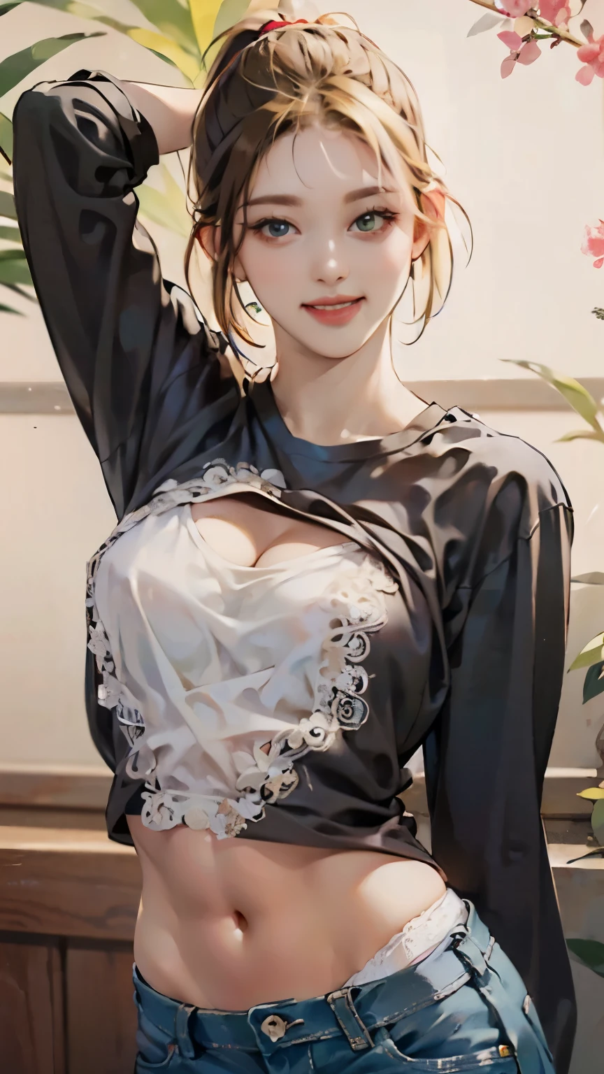 Highest quality, masterpiece, Ultra-high resolution, (Realistic:1.4), Beautiful woman, Open your mouth, Green V-neck T-shirt, Cleavage, Greenlee Jeans , Small breasts, Erect nipples, Curvy waist, Slim Abs, Shiny skin, 魅惑的なsmile, Bokeh, smile, Short jeans, ((blonde color short hair)), ((ponytail)), ((White lace panties)), ((Both arms behind the head)), (((Wearing a black shirt))), (((Beautiful breasts)))
