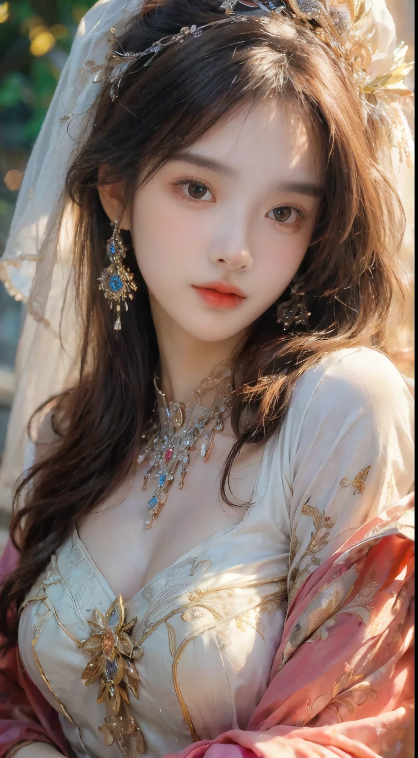 (high resolution, very detailed, realistic, (best quality, 4K, 8k, high resolution, masterpiece:1.2), soft lighting, photorealistic portraits, bokeh, vivid colors, delicate brushwork, Oil painting style, exquisite facial features, elegant expression, professional photo style, lifelike appearance, Delicate Beauty, subtle smile, Atmospheric Background, modern art style, glossy fabric, Feminine charm, complex pattern, Exquisite jewelry, heavenly atmosphere)