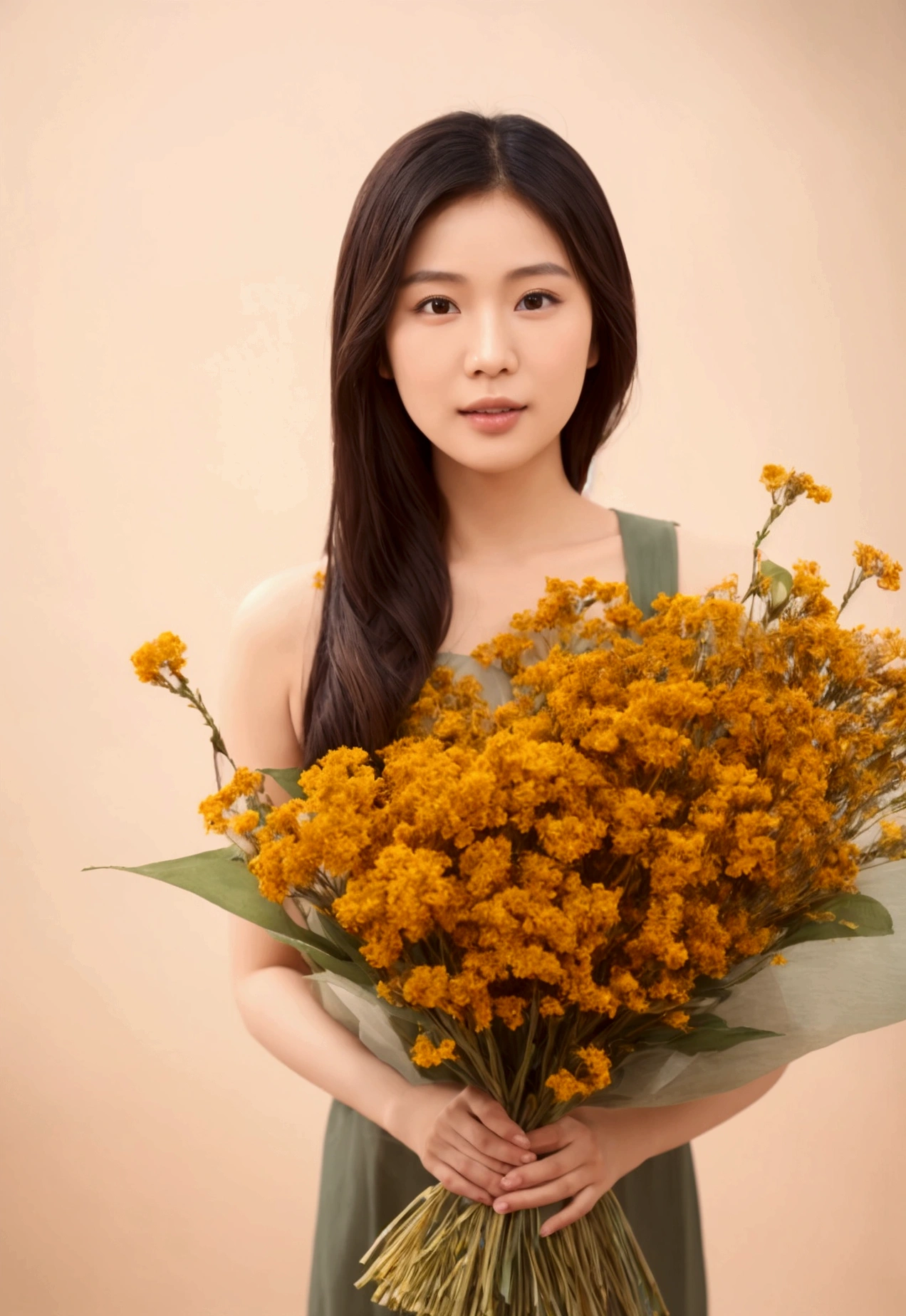 A cute asian model selling with Dried Flower shop. Dried Flowers background. photography style, 85mm bookeh detailed, high resolution, high quality, natural lighting, ultra-detailed. 8k