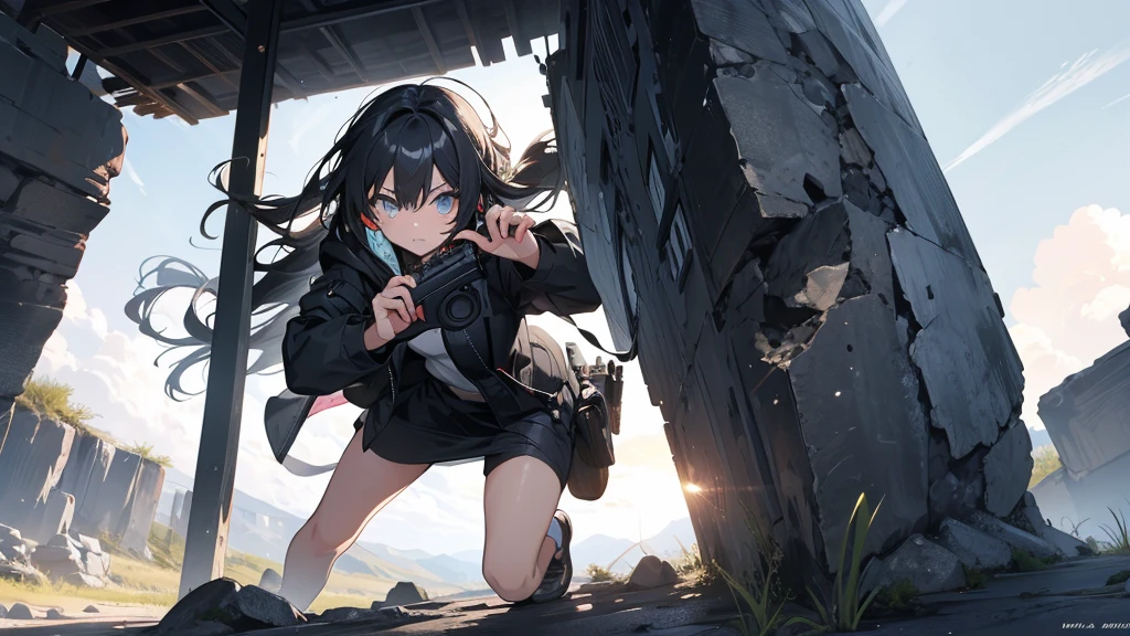 A girl is engaged in a gunfight while hiding behind rocks in the wilderness
