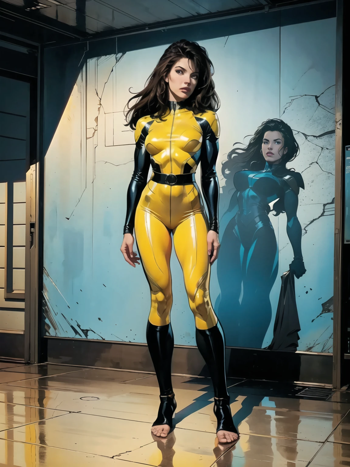 ((Full body photo, standing, feet on the floor))  A woman, black hair, hair with bangs, 90's x-men uniform, outside, Marvel art style, comic, blue eyes, some freckles, dark yellow spandex, red accent