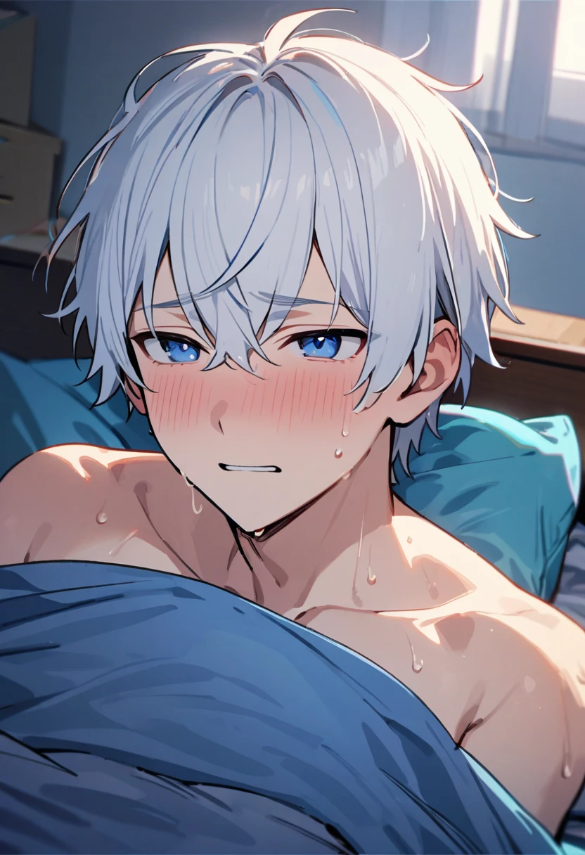 1 male, short hair, white hair, blue eyes, ager, shy bedroom, shirtless, Soft boy face, handsome (best quality,4k,highres,) laying on bed, sweating, embarassed, nsfw