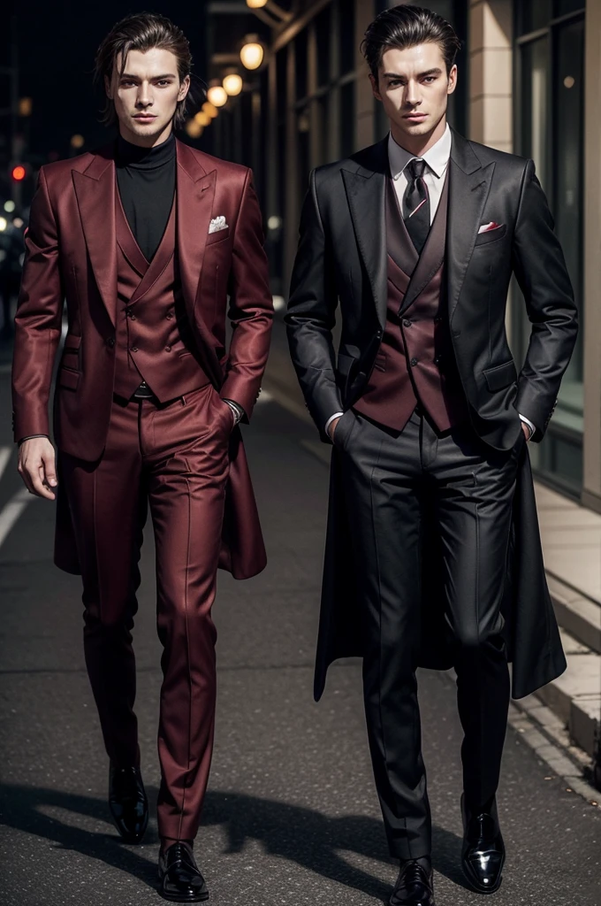 Men: outfits: Both men are wearing elegant dark red suits., that exude sophistication and style. The dark red color is deep and rich, standing out in a striking way. The inside shirts are black, creating a striking contrast with the dark red suit. The pants are the same fabric and color as the suit, creating a cohesive and harmonious look. They wear polished black shoes, that complete the look with a classic touch.
