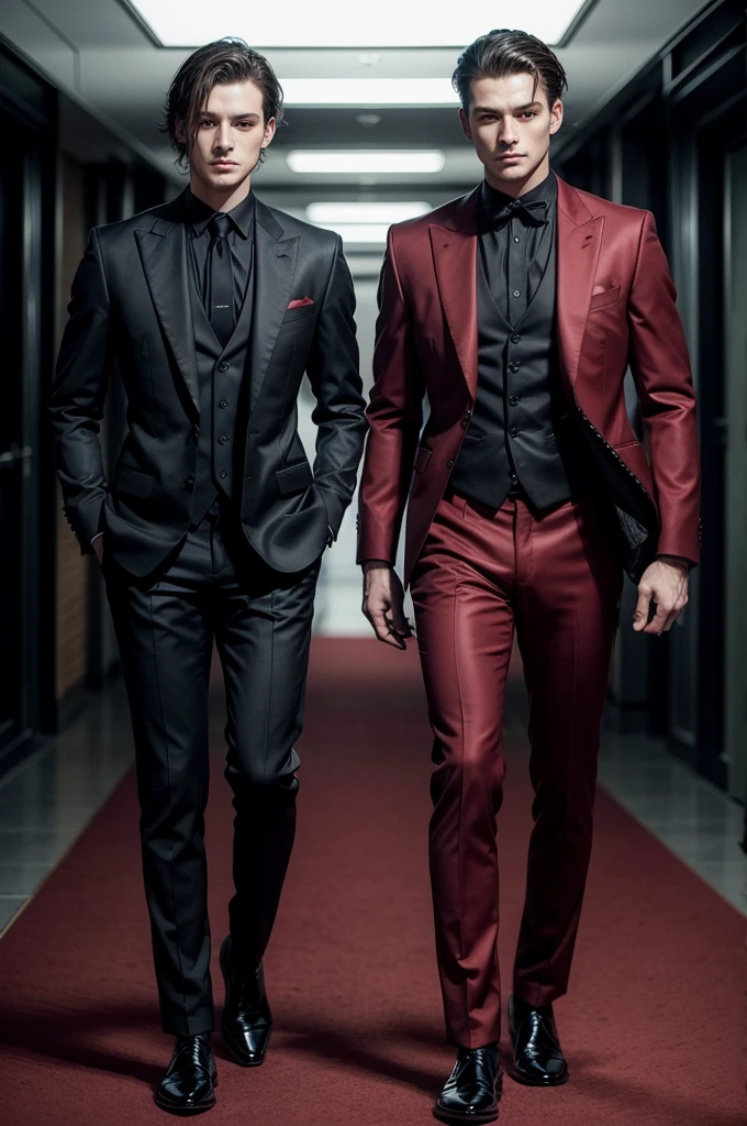 Men: outfits: Both men are wearing elegant dark red suits., that exude sophistication and style. The dark red color is deep and rich, standing out in a striking way. The inside shirts are black, creating a striking contrast with the dark red suit. The pants are the same fabric and color as the suit, creating a cohesive and harmonious look. They wear polished black shoes, that complete the look with a classic touch.