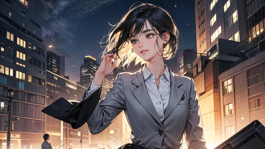 (perfect anatomy:1.2)(absurdres, highres, ultra detailed),masterpiece,best quality,high resolution,8k,Realistic face,Realistic skin texture,magnified textures, stunning clarity,detailed anime girl,(ultra detailed eyes and face),(1 girl:1.2)21years old,she is office worker,,smile:1.2,black hair, bob cut,natural make,grey jacket,grey pants,black brouse,sparkling eyes.small nose,roundface,just left the office when it was time to leave,night,bussines district,she is walking,looks happy,feeling freedom