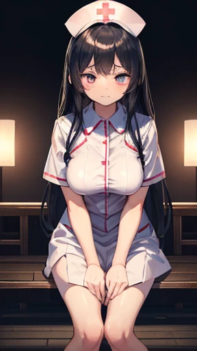 (masterpiece: 1.3、Highest quality、Ultra-high resolution、Very detailed)、(Genuine、Realistic)、born、Beautiful illustrations、Perfect lighting、Natural light、Depth of the Boundary、Beautiful and detailed hair、美しくDetailed face、Beautiful details、、(Perfect Anatomy、Anatomically correct)、Cute and symmetrical face、Baby Face、Perfect Face、Glowing Skin、Long eyelashes、One Woman, Nurse uniform,Nurse cap, Are standing, (I put my hands on my knees), hospital, ((In the crowd)), (Dressed), Black medium long hair, (close your eyes), Open your mouth, (((shy))), ((Embarrassing)), Frowning,Large Breasts, Glamour body, Chest Focus Star Piece, Highest quality:1.4), (8k, RAW Photos, 写真 Genuine:1.2), Glowing Skin, Detailed skin, Detailed face, fine grain,