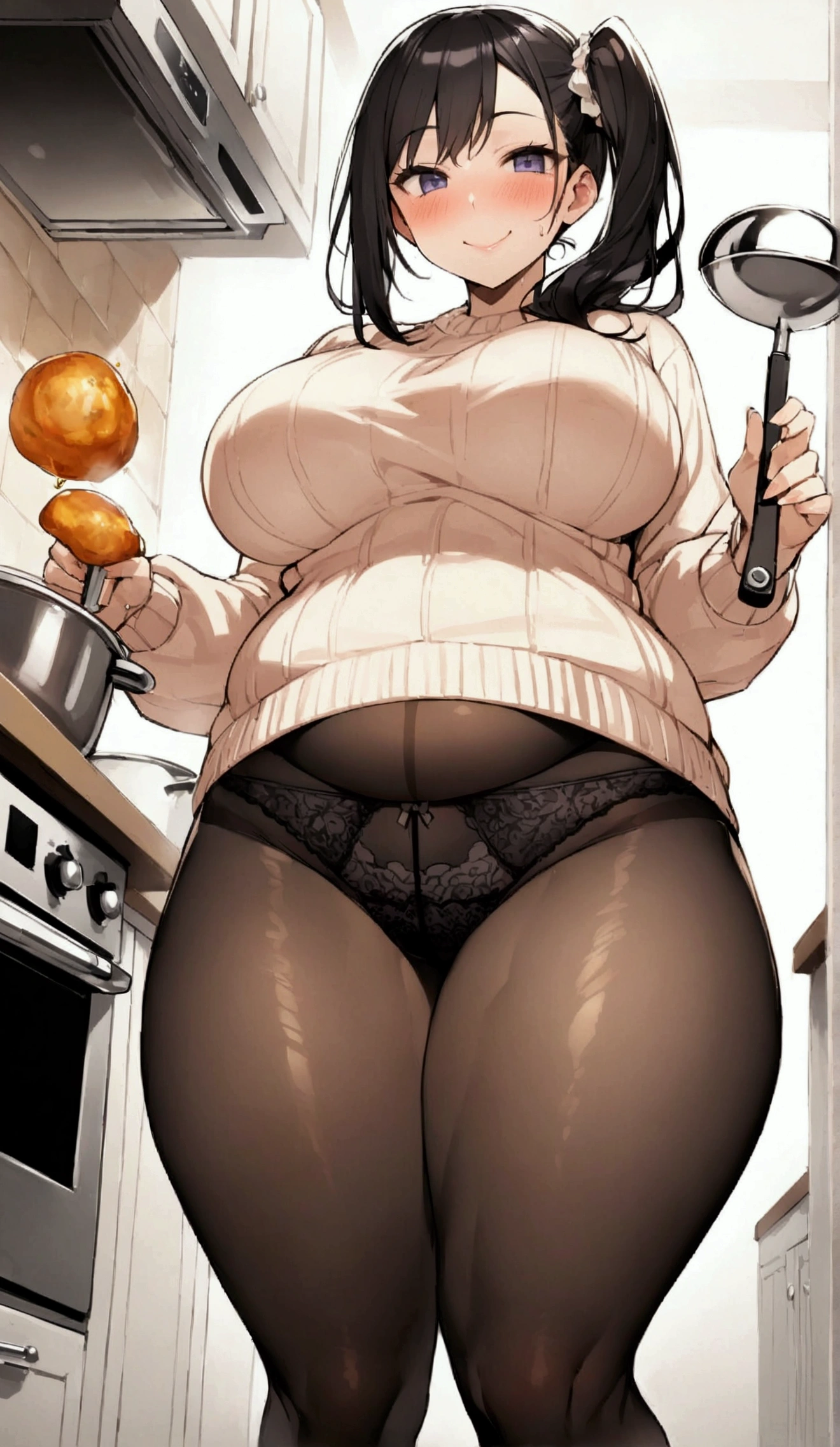 Married women、Married Woman、40 years old、Side Ponytail、wedding ring、Knitted sweater、Tight Skirt、Black Pantyhose、panties under pantyhose、kitchen、Highest quality, smile, Humming、Black lace panties, Big 、Big Ass、Plump thighs、Holding a ladle、The pot is boiling、I'm cooking、Sweaty pantyhose、Point your big ass at me、slouch、Panty lines、Large amount of food