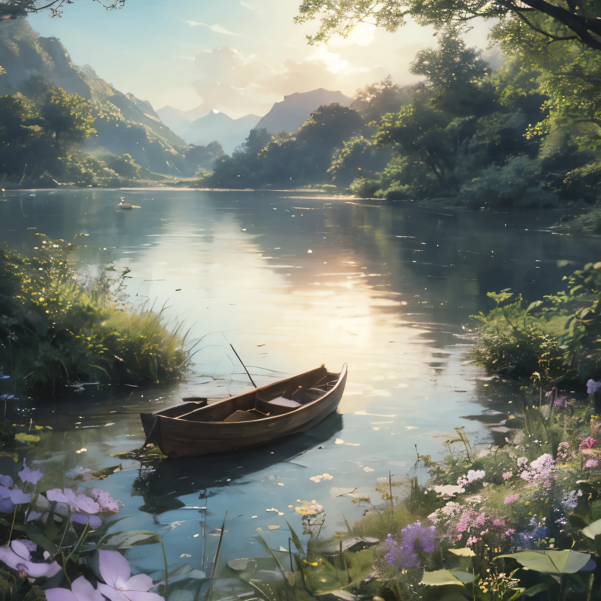 The painting shows a boat in the lake,Surrounded by flowers, Relaxation concept art, Anime beautiful peaceful scene, Beautiful anime scene, Landscape Artwork, Beautiful anime scenery, Peaceful environment, Ross Chen. Landscape background, Peaceful scene, Tranquil scenery, Anime Nature, Silvaan Sarayi, relaxing environment, Beautiful and detailed scenes, Peaceful atmosphere, Dreamlike scene, Shen Haicheng