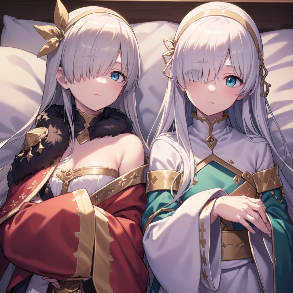 ((upper body)),((Sleeping in bed)),Overhead Shot,fgoAnastasia, Anastasia, blue eyes, Grey Hair, Hair between the eyes, (Hair on one eye:1.5), Long Hair, bangs,Exposed shoulders,Beautiful eyes like jewels,
break blue Cape, brown hair band, Cape, dress, Fur trim, hair band, Royal Robes, sash, tachi-e, white dress, Wide sleeves,
break looking at viewer,
break indoors,
break (masterpiece:1.2), Highest quality, High resolution, unity 8k wallpaper, (figure:0.8), (Beautiful attention to detail:1.6), Highly detailed face, Perfect lighting, Highly detailed CG, (Perfect hands, Perfect Anatomy),