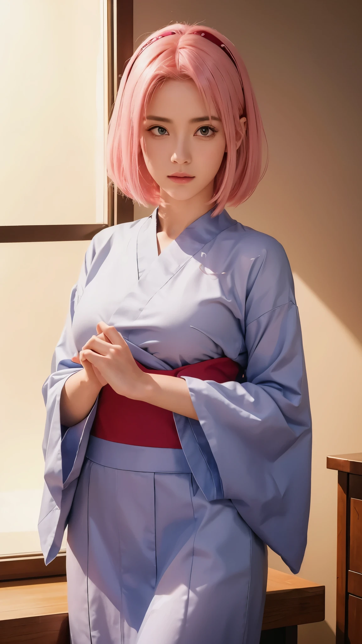 A real life adaptation of this character, Haruno Sakura in the anime Naruto Shipunden, has a chakra seal point like Tsunade Senju in the middle of her forehead, has a beautiful face of a teenage girl, realistic clothes, realistic short pink hair, left side swept bangs, neat hair appearance, realistic shadows, realistic light, realism, hyper realistic, realistic background, (photorealistic: 1.2), looking at the viewer, Hd photo display, high resolution with 
Quality detail, costum has not been changed ,A realistic photo girl, (the same realistic hairstyle), realistic beautiful face, realistic cool expression, adapt the same realistic clothes, realistic light, realistic shadow, realistic background, good image quality, very good image output, 4k, very detailed, realistic