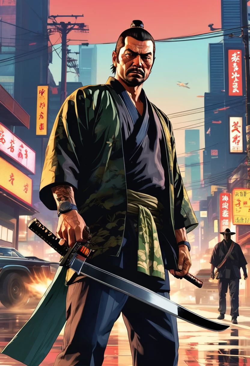 Grand Theft Auto,Grand Theft Auto ,double exposure,film records,Detailed facial expressions,art style with japanese samurai、dangerous sword quality,4K,high resolution,work of art:1.2),ultra detali,realisitic。