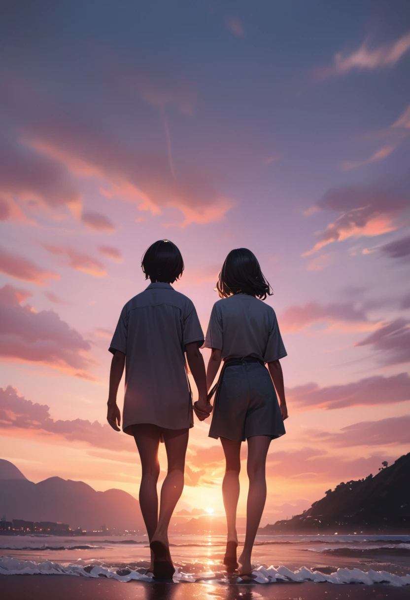 (best quality, masterpiece, ultra detailed, ultra high res, photorealistic, raw photo, absolutely resolution), Beautiful sunset, two silhouetted people holding hands but seemingly far apart, creating a warm yet sad atmosphere.