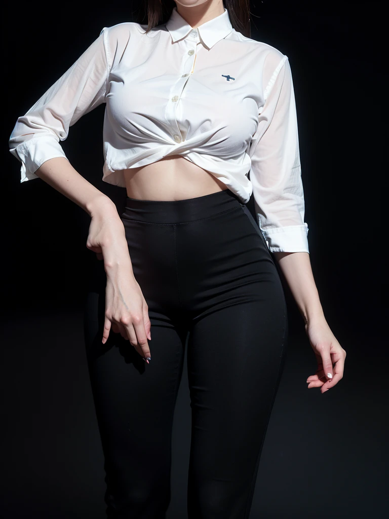 (highest image quality:1.35), high quality, Realistic photo, (A beautiful woman:1.33), beautiful expression, (delicate eyes:1.3), (delicate face:1.3 ), Smile, (slick hair:1.2), Super detailed , high resolution, athletic figure, (big breasts:1.25), (long hair:1.2), (beautiful woman), ( Cute navel:1.2), (Depth of field f/1.8:1.45 ), sharp focus, original photo , (Thin white shirt:1.45), (Thin black pants:1.4), (Thin tight bloack pants: 1.4 ), (Thick thighs:1.5), (Forward:1.25), (cowboy photo: 1.4), (Sports, black background :1.4 ), (black background:1.5 ),