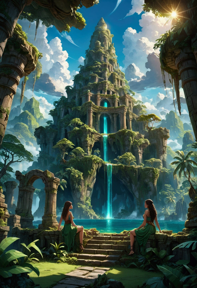 1girl, a mysterious island, a magical fantasy tropical island, lush green jungle, ancient ruins, glowing crystals, warm sunlight, vibrant colors, dramatic skies, fantasy landscape, highly detailed, cinematic lighting, intricate details, a sense of wonder and adventure, (4k,8k,highres:1.2), ultra-detailed, masterpiece, best quality, very aesthetic, absurdres