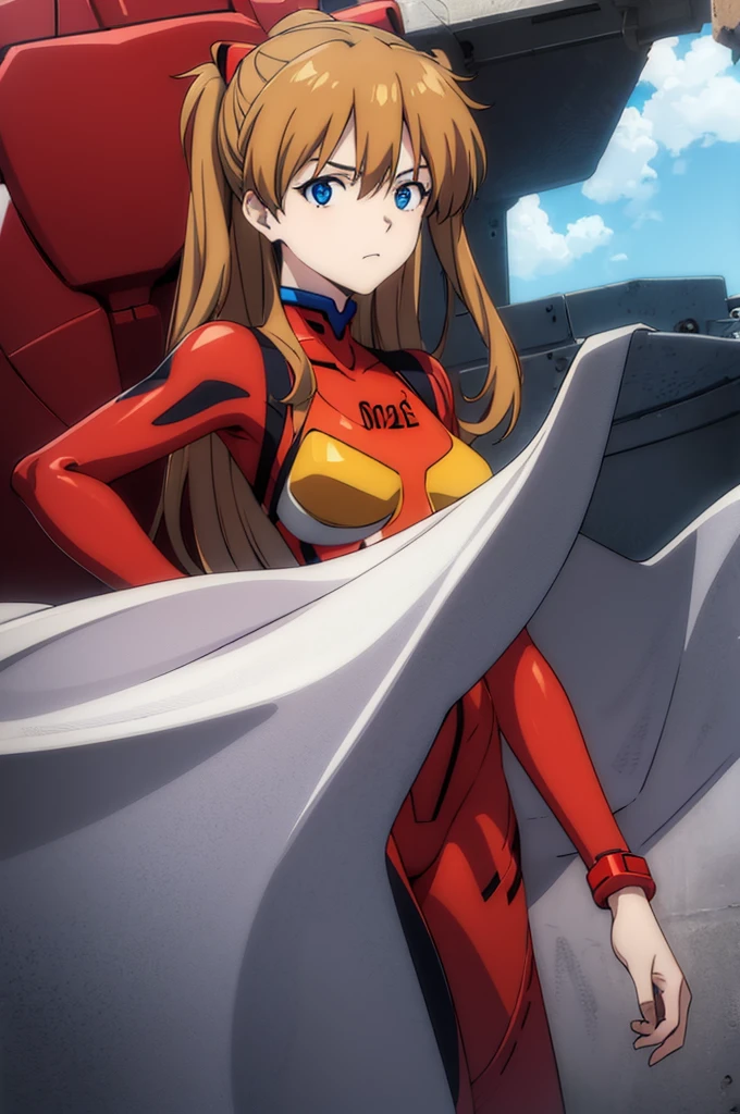 asukalangley, asuka langley soryu, (souryuu asuka langley:1.2), long hair, bangs, blue eyes, brown hair, hair ornament, BREAK bodysuit, pilot suit, plugsuit, (red bodysuit:1.5), interface headset, BREAK outdoors, city, sky, clouds, sun, BREAK looking at viewer, (cowboy shot:1.5), BREAK (masterpiece:1.2), best quality, high resolution, unity 8k wallpaper, (illustration:0.8), (beautiful detailed eyes:1.6), extremely detailed face, perfect lighting, extremely detailed CG, (perfect hands, perfect anatomy), big breasts, EVANGELION type2 background,