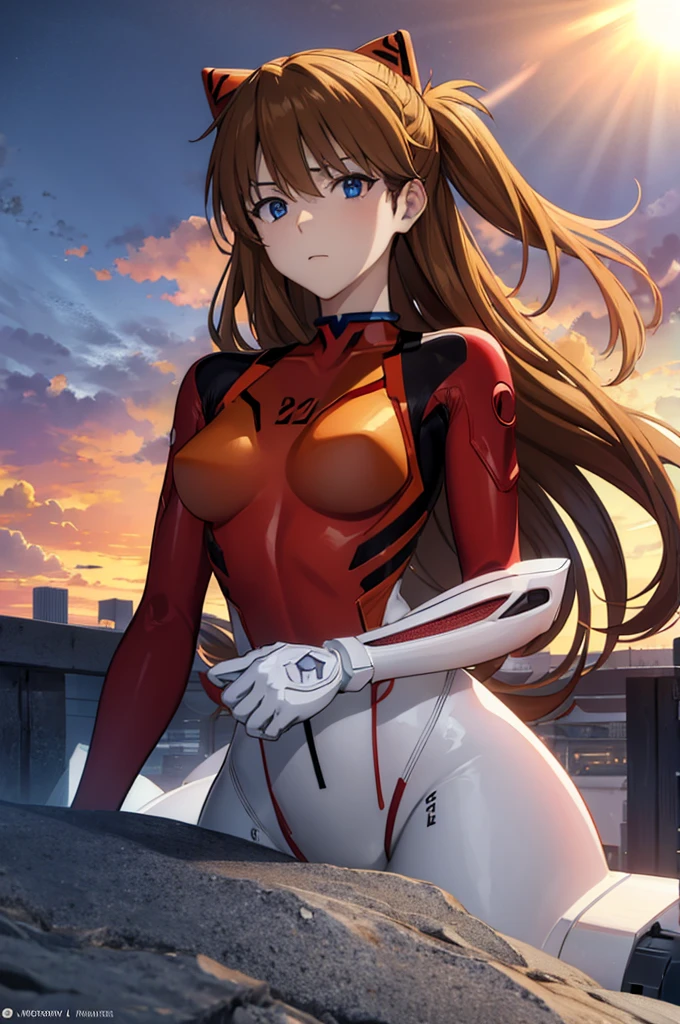 asukalangley, asuka langley soryu, (souryuu asuka langley:1.2), long hair, bangs, blue eyes, brown hair, hair ornament, BREAK bodysuit, pilot suit, plugsuit, (red bodysuit:1.5), interface headset, BREAK outdoors, city, sky, clouds, sun, BREAK looking at viewer, (cowboy shot:1.5), BREAK (masterpiece:1.2), best quality, high resolution, unity 8k wallpaper, (illustration:0.8), (beautiful detailed eyes:1.6), extremely detailed face, perfect lighting, extremely detailed CG, (perfect hands, perfect anatomy), big breasts, EVANGELION type2 background,