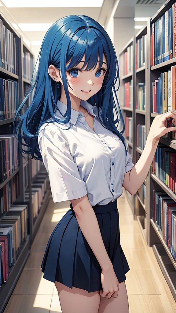 Gal、Wearing a mini skirt and a shirt、The shirt buttons are open、laughing、Blue Hair、Around 25 years old、Anime style illustrations、Inside the library