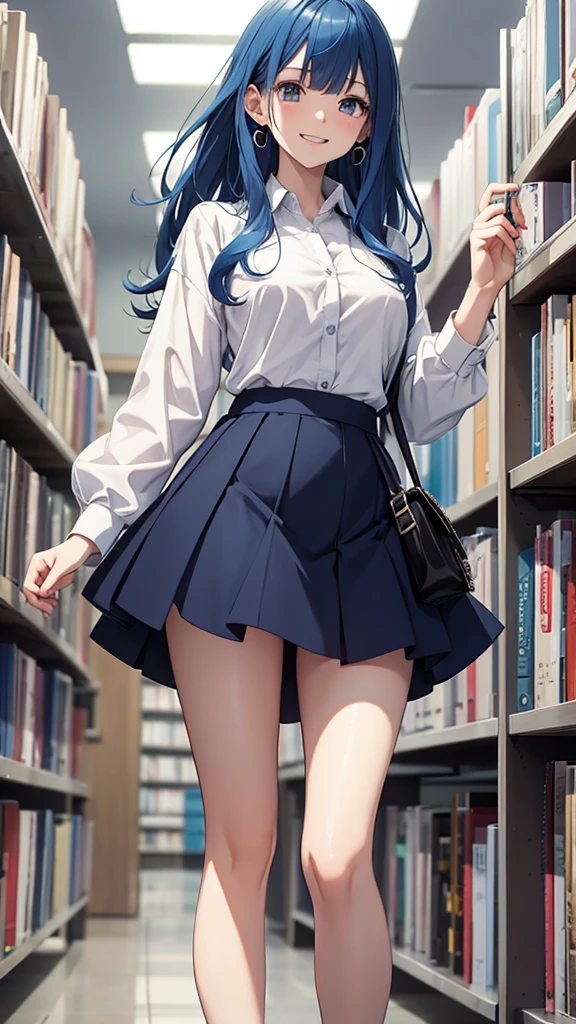 Gal、Wearing a mini skirt and a shirt、The shirt buttons are open、laughing、Blue Hair、Around 25 years old、Anime style illustrations、Inside the library