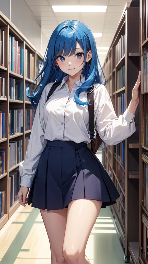 Gal、Wearing a mini skirt and a shirt、The shirt buttons are open、laughing、Blue Hair、Around 25 years old、Anime style illustrations、Inside the library