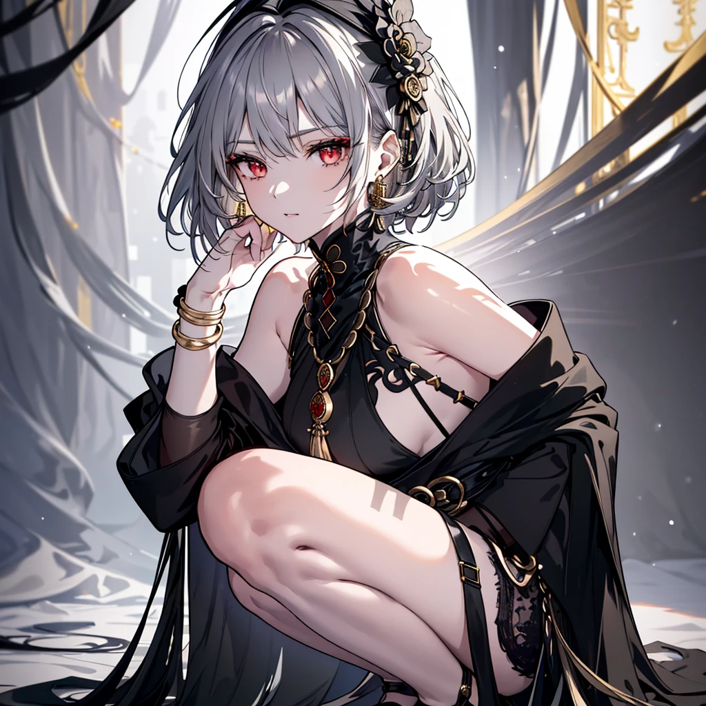8k,High resolution RAW color art,Anime Art,Silver Marble Skin, (((Very detailed and cool))), Detailed skin, Bokeh、texture,(Exquisitely crafted, The finer details, Ultra-detailed art), (((1 girl))), Depth of written boundary, Silky Touch, Hyper Detail, (((Cool face))), eye shadow、Armed women, Beautiful detailed red eyes, Beautiful lip detail, Highly detailed face, Delicate depiction of hair and eyes, Detailed Fashion, Golden Earrings,Full body depiction, Black half top、(((Shoulder Bare)))、Black shorts、Waist Cloak、black tights、Golden decoration, Grey Hair, Golden bracelet, Straight Hair、Short Hair、(((Hair)))、Simple Background、(((Black theme)))、snow、Side view、squat、look down、cloth、Clear face