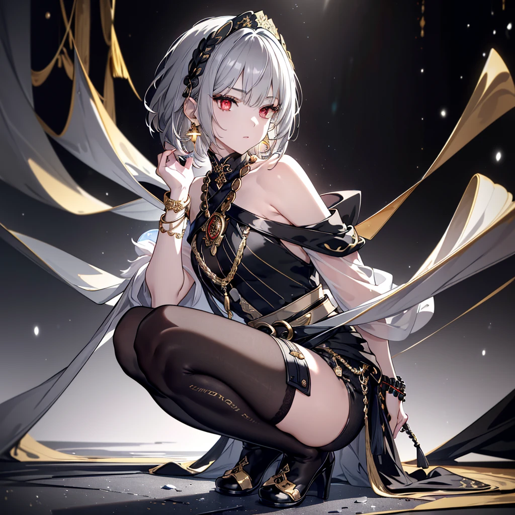 8k,High resolution RAW color art,Anime Art,Silver Marble Skin, (((Very detailed and cool))), Detailed skin, Bokeh、texture,(Exquisitely crafted, The finer details, Ultra-detailed art), (((1 girl))), Depth of written boundary, Silky Touch, Hyper Detail, (((Cool face))), eye shadow、Armed women, Beautiful detailed red eyes, Beautiful lip detail, Highly detailed face, Delicate depiction of hair and eyes, Detailed Fashion, Golden Earrings,Full body depiction, Black half top、(((Shoulder Bare)))、Black shorts、Waist Cloak、black tights、Golden decoration, Grey Hair, Golden bracelet, Straight Hair、Short Hair、(((Hair)))、Simple Background、(((Black theme)))、snow、Side view、squat、look down、cloth、Clear face