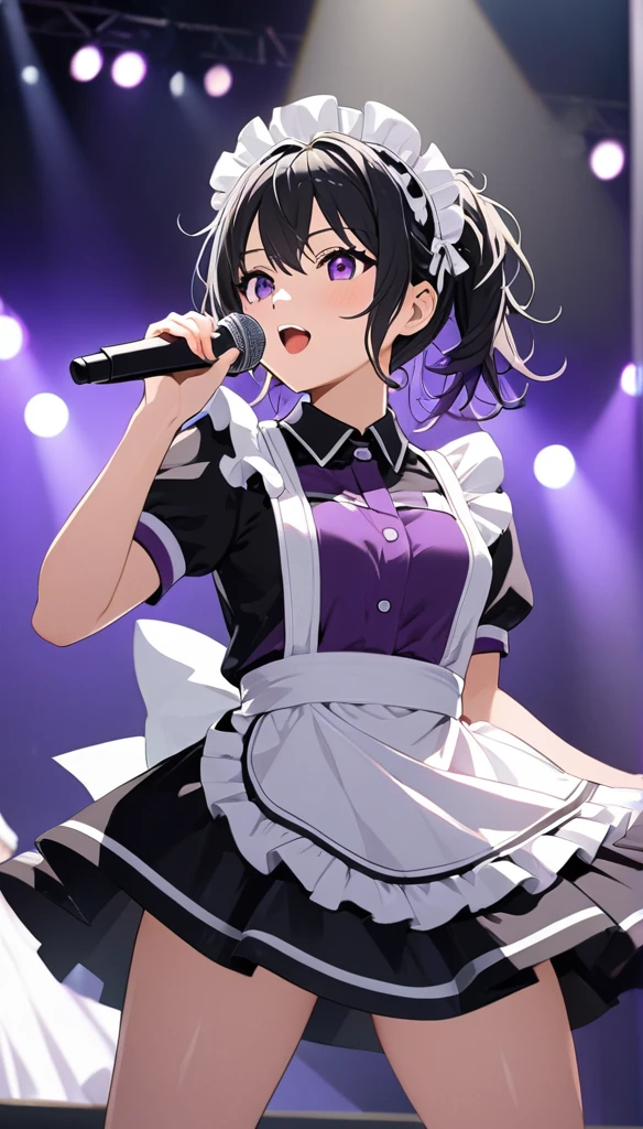 anime style, masterpiece, accurate, textured skin, high quality, best quality, highres, high details, super detail, black hair, messy hair, maid headdress, reflection light, Super idol in maid outfit, Purple outfit, Singing at a live concert, holding a microphone, solo, In the spotlight, Enthusiastic stage