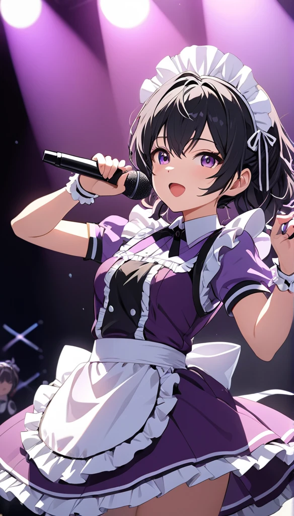 anime style, masterpiece, accurate, textured skin, high quality, best quality, highres, high details, super detail, black hair, messy hair, maid headdress, reflection light, Super idol in maid outfit, Purple outfit, Singing at a live concert, holding a microphone, solo, In the spotlight, Enthusiastic stage